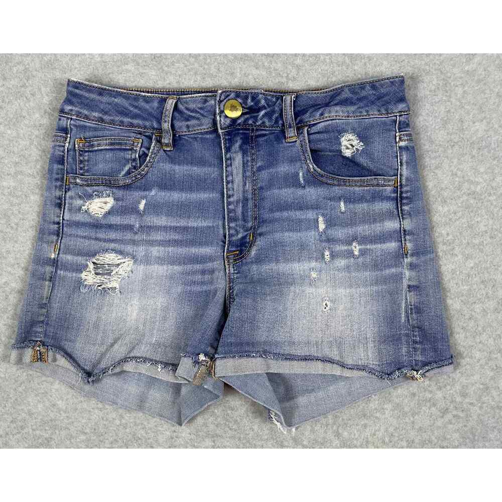 American Eagle Jean Shorts Women's 10 Blue Denim‎ Hi Rise Shortie Distressed
